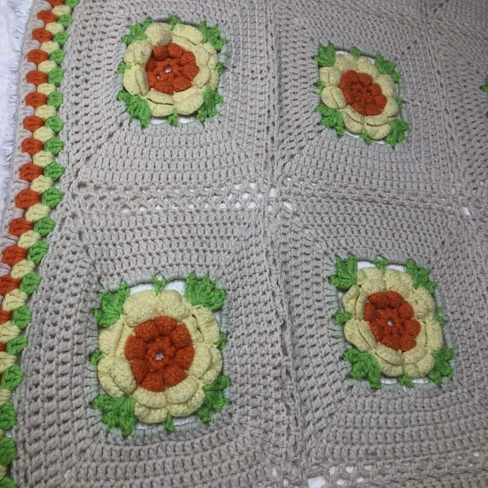 Crochet Afghan Blanket 3D Rose Throw Handmade Granny Square 70s Decor 42” x 68”